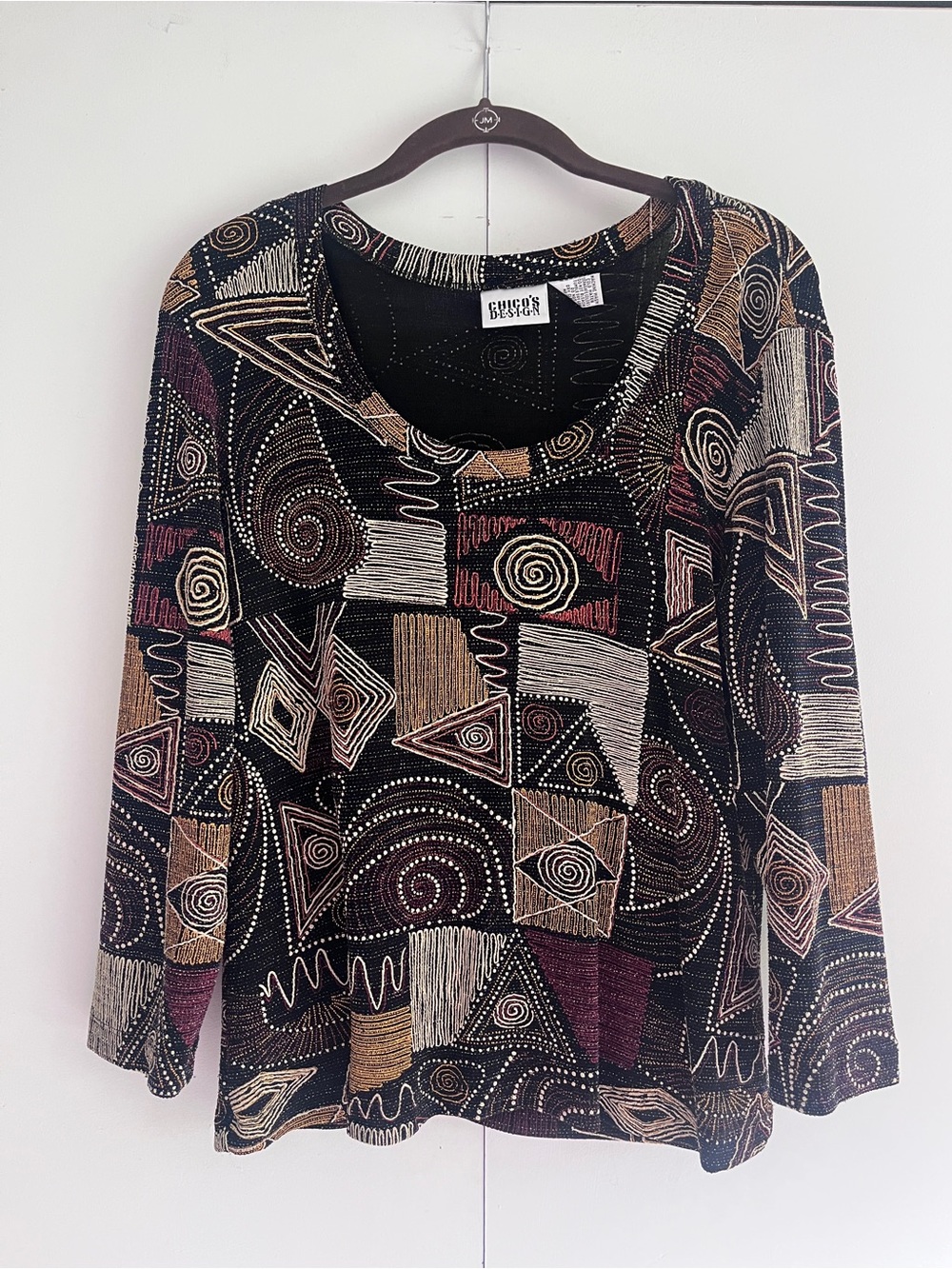Chico's Long Sleeve Geometric Print Top in Black, Gold, Cream, Brown, Burgundy